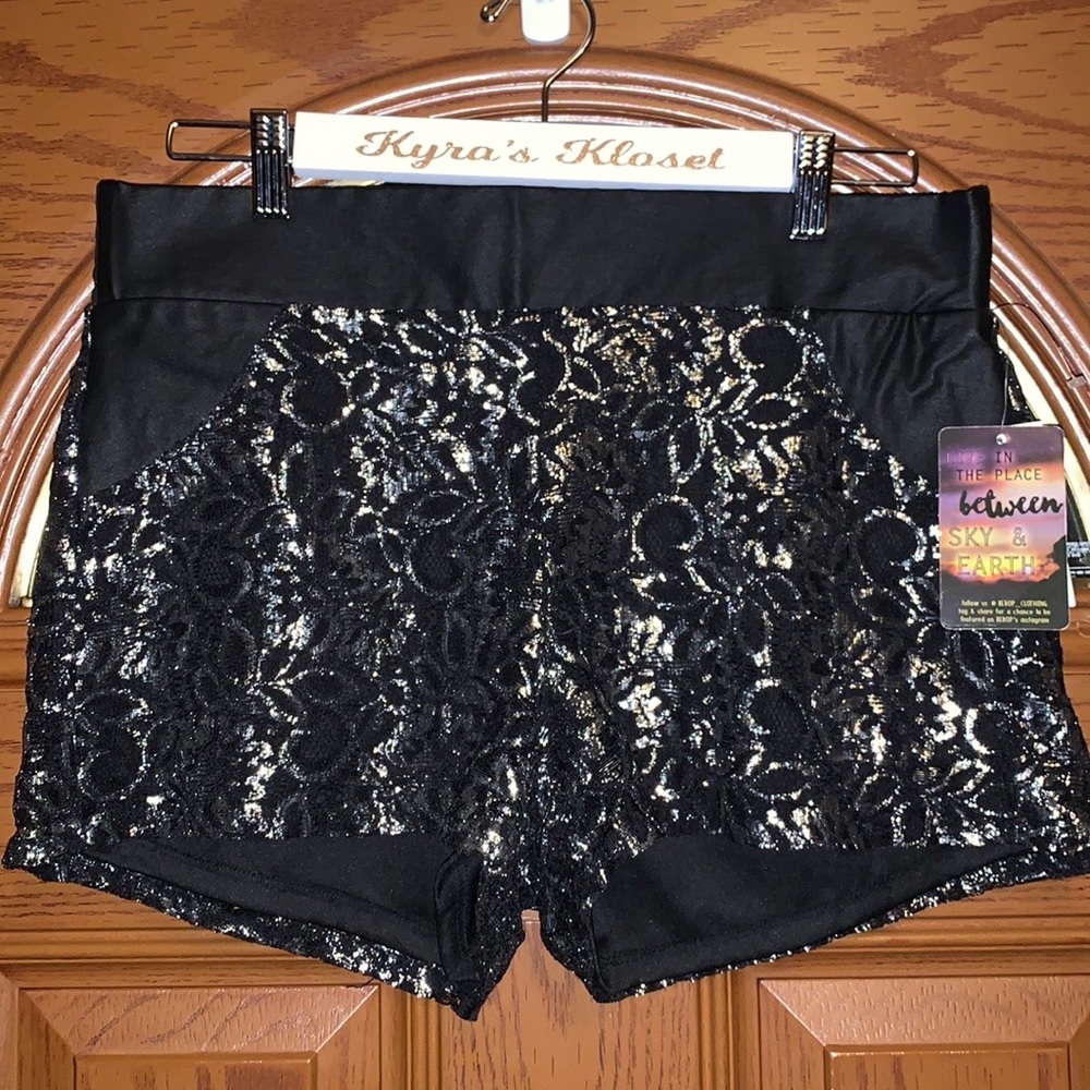 Bebop Black & Metallic Silver Floral Lace & Faux Leather Pull Short Shorts